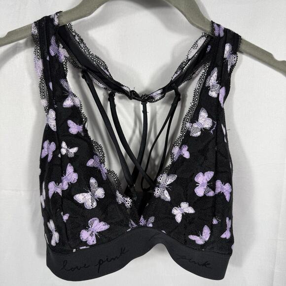PINK Victoria’s Secret Purple Butterfly Lace T-Strap Crossback Bralette SZ Small - Picture 1 of 6